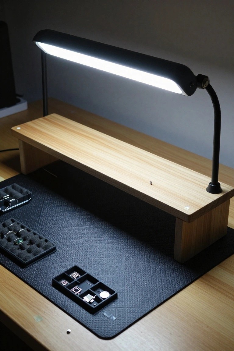 Wooden riser shelf on black workbench mat holding small parts trays, lit by adjustable white LED gooseneck lamp