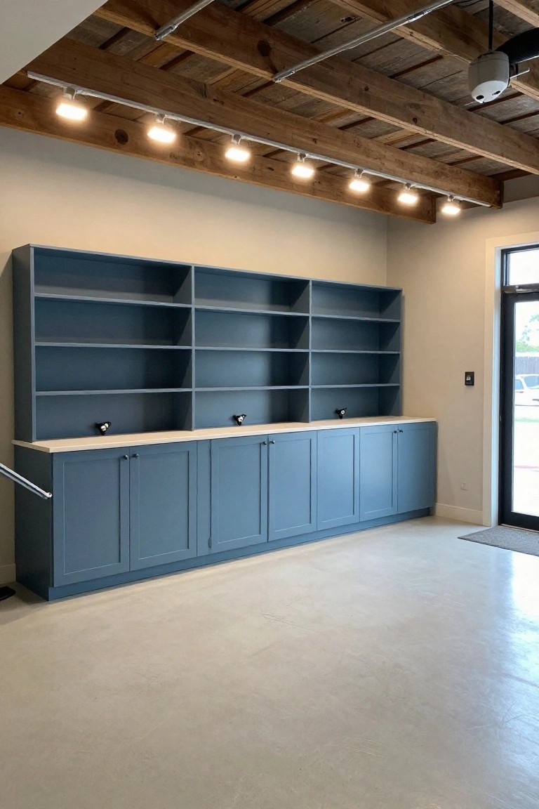 Long run of built-in blue garage cabinets with open shelves and counters, lit by recessed ceiling lights under exposed wood beams