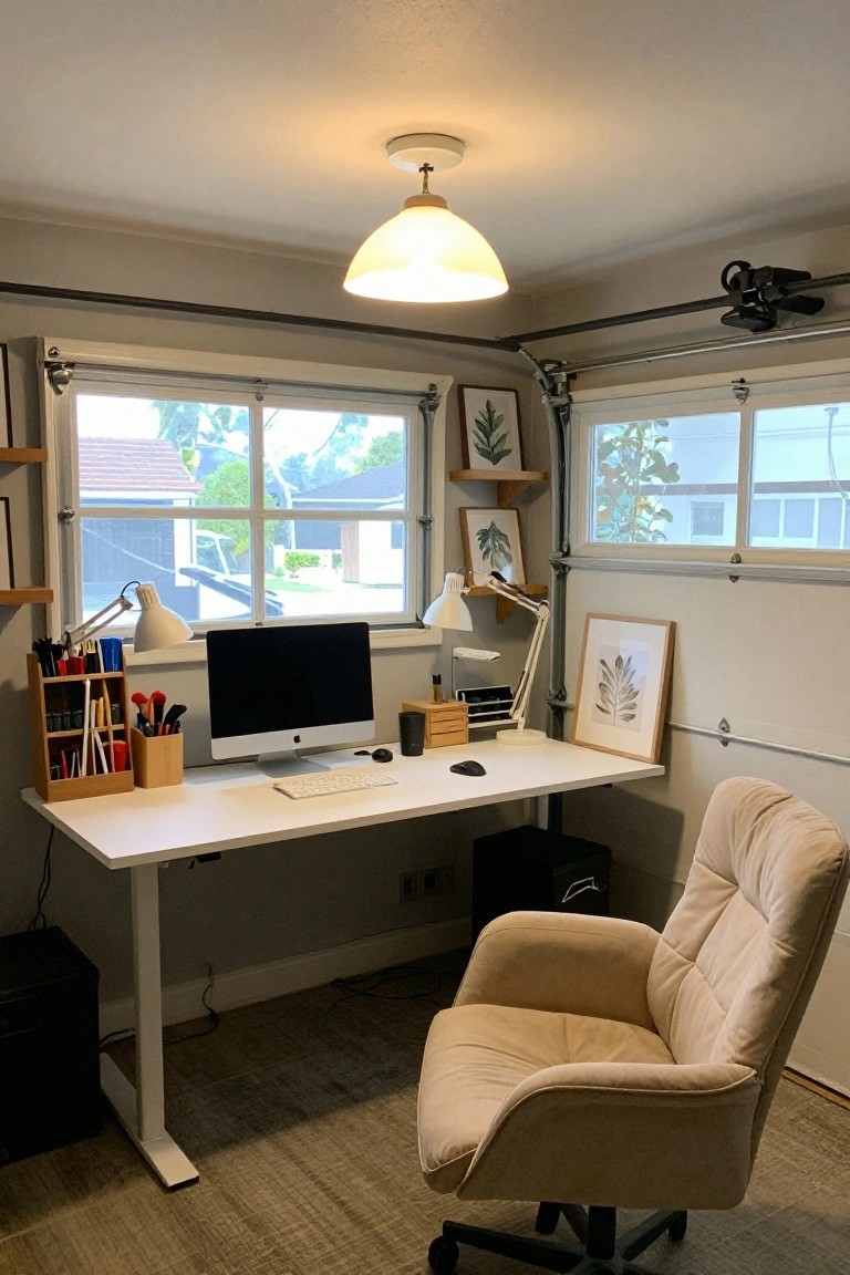 Garage office setup with white standing desk, computer monitor, task lamps, plants on shelves, and frosted glass ceiling pendant providing overhead light