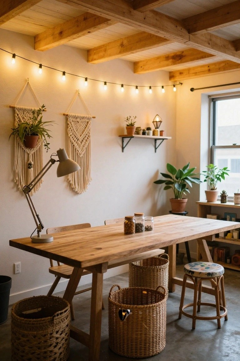 Garage workspace with wooden table under warm string lights hanging from beams, plants and baskets nearby