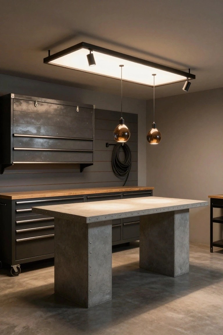 Garage workbench area with concrete table lit by rectangular overhead panel and two hanging pendant lights