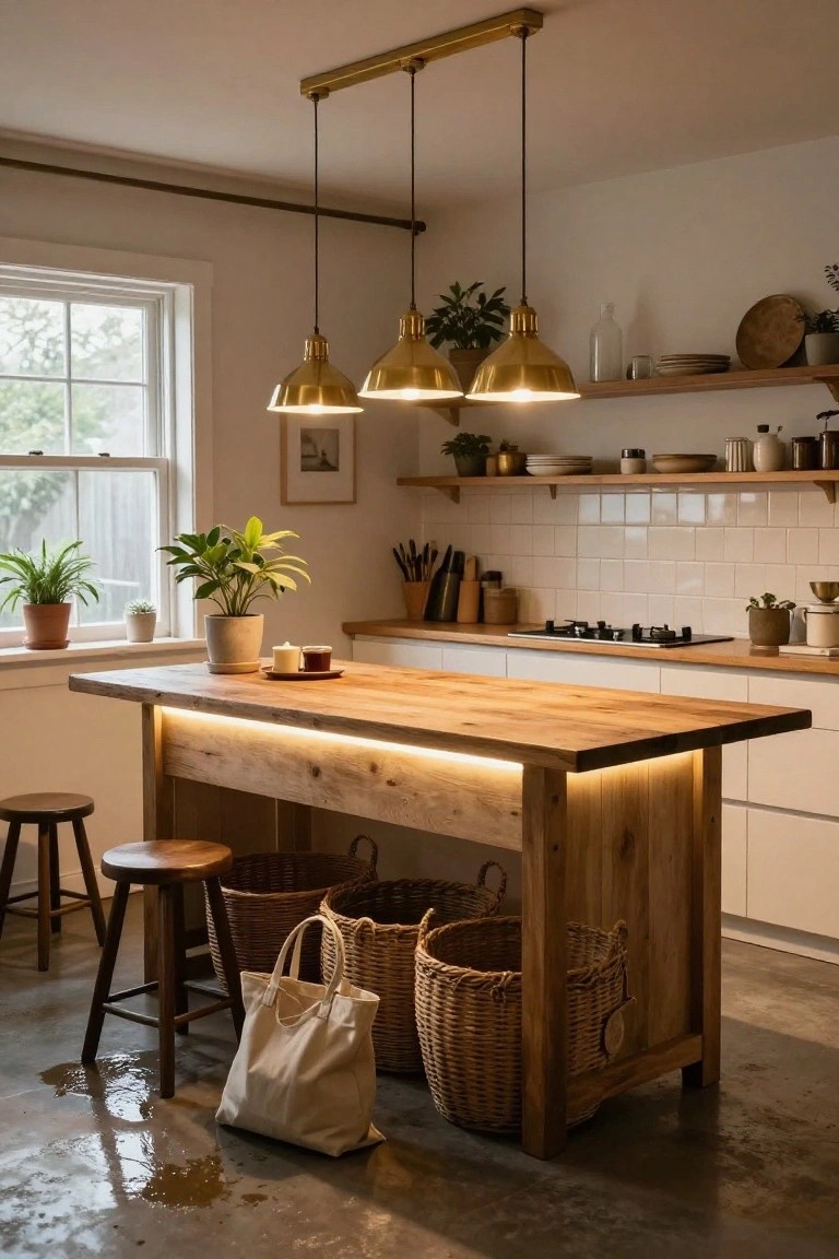 Wooden kitchen island with LED strip lighting underneath the countertop, paired with white cabinets, brass pendant lights, plants, and woven baskets on a concrete floor