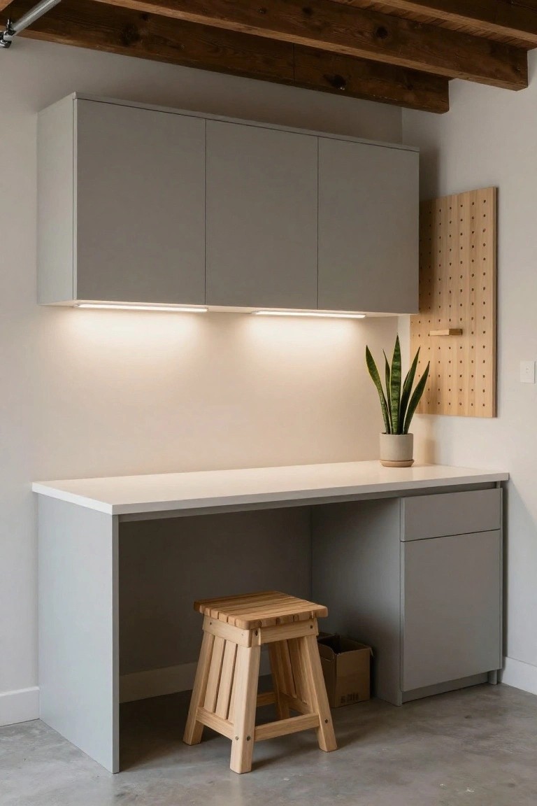 Gray cabinets with slim white LED under-cabinet lights over a white countertop workbench in a garage, wooden stool underneath