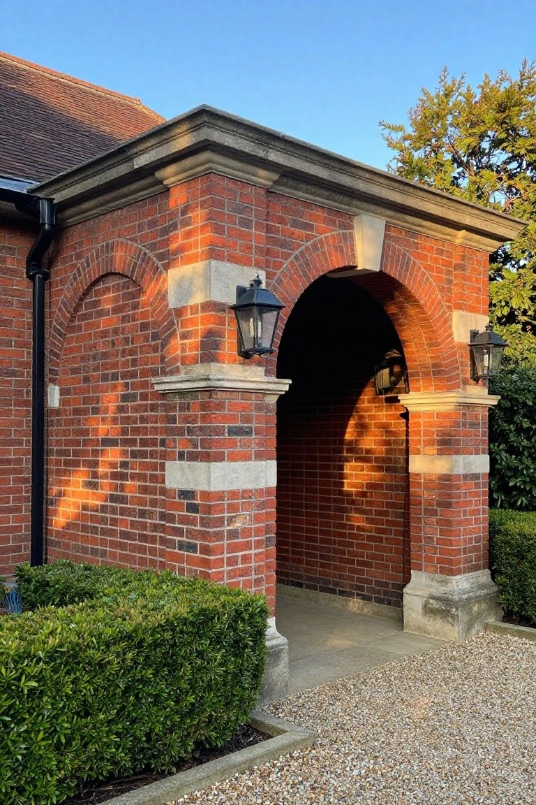 Red brick archway with stone accents and black lanterns on pillars, framing a gravel driveway entrance flanked by boxwood hedges.