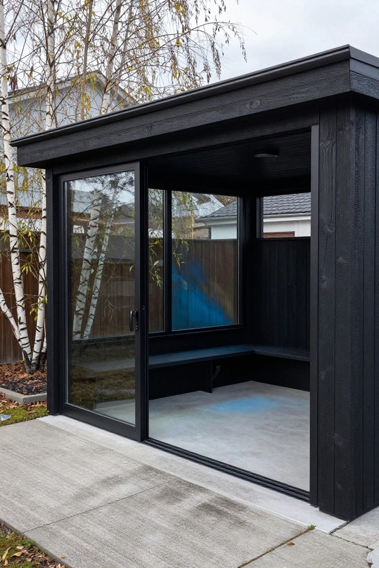 Small black wooden pavilion structure with sliding glass doors partially open, built-in bench on concrete floor, in backyard with birch trees, garden bed, and concrete path.