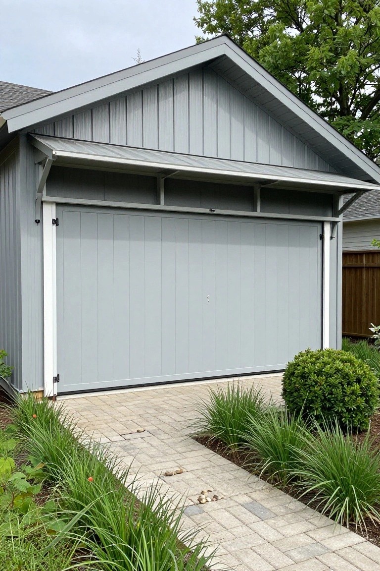 Gray board and batten carport with gabled roof, large overhead door, brick pathway flanked by ornamental grasses and shrubs.