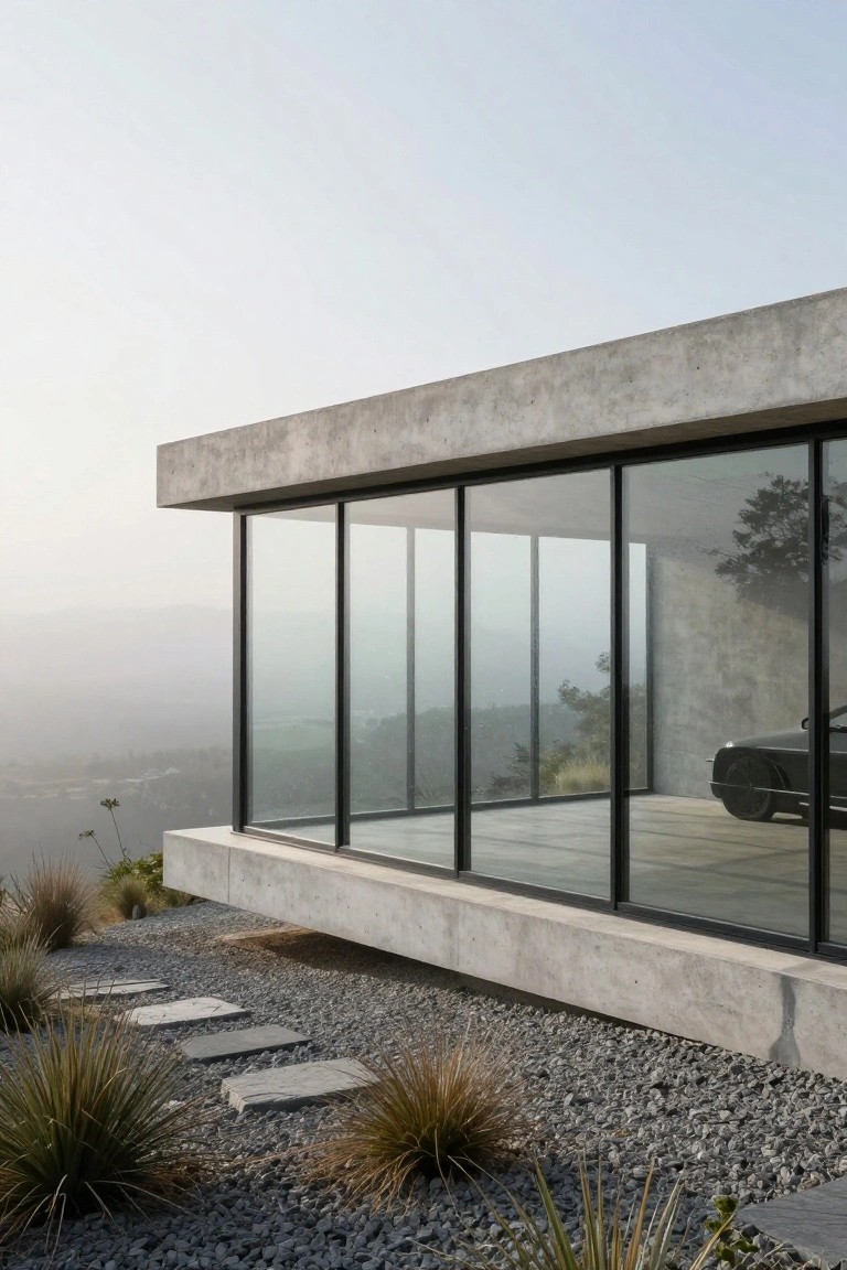 Modern concrete house with cantilevered overhang sheltering a black luxury car, large glass walls, gravel area with grasses on a hillside overlooking misty mountains.