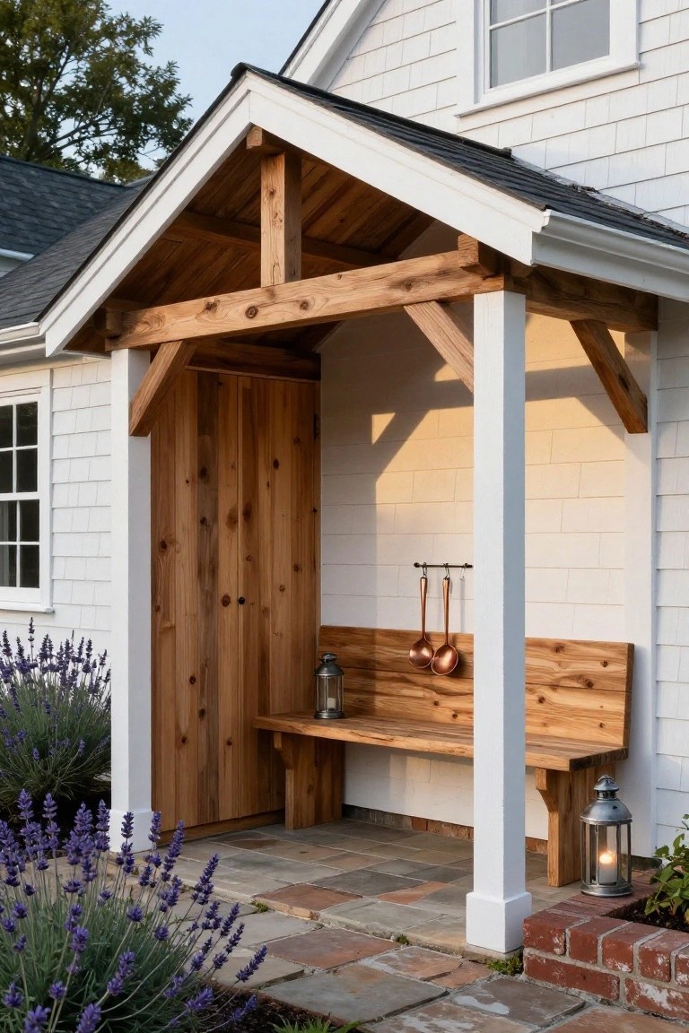 Gabled carport attached to white shingled house with cedar wood posts, partial walls, double doors, built-in bench, hanging copper pots and lanterns, lavender plants, and brick paver floor.