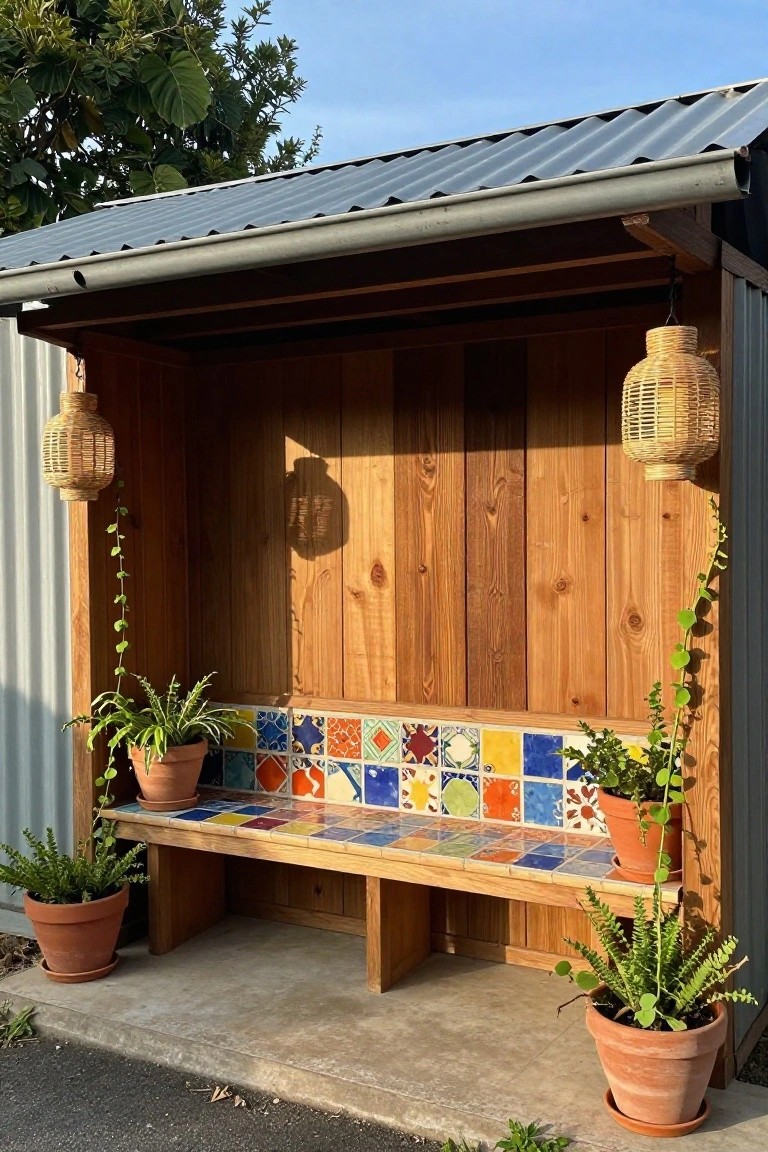 Open carport shelter with wooden bench covered in colorful patterned tiles, potted plants on both sides, climbing vines on posts, and hanging lanterns.