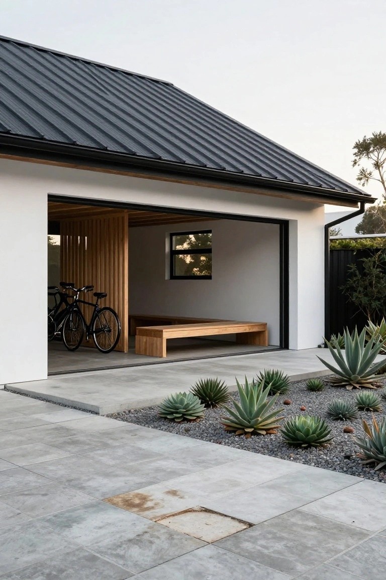 Open modern carport with black sloped metal roof, white walls, open wooden garage door, bicycles and wooden bench inside, edged by gravel beds planted with agave succulents on concrete pavers.