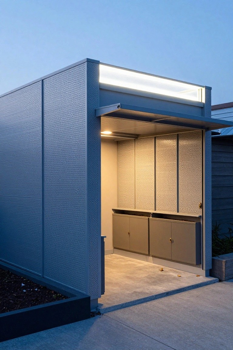 Gray corrugated metal carport structure with open sides, built-in lower cabinets, overhead LED lighting strip, and concrete floor next to a driveway at dusk.