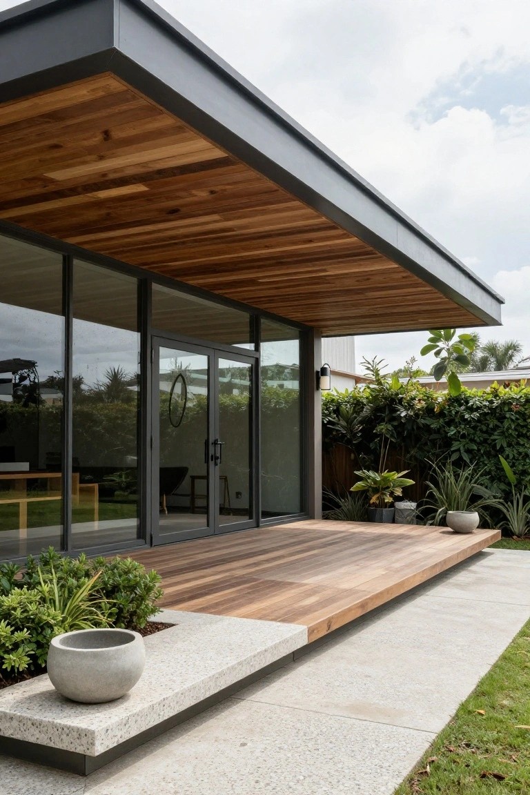 Modern carport area under overhanging roof with exposed wooden slat ceiling, dark metal frame, glass entry doors to house, wooden deck platform, concrete path, and tropical plants nearby.
