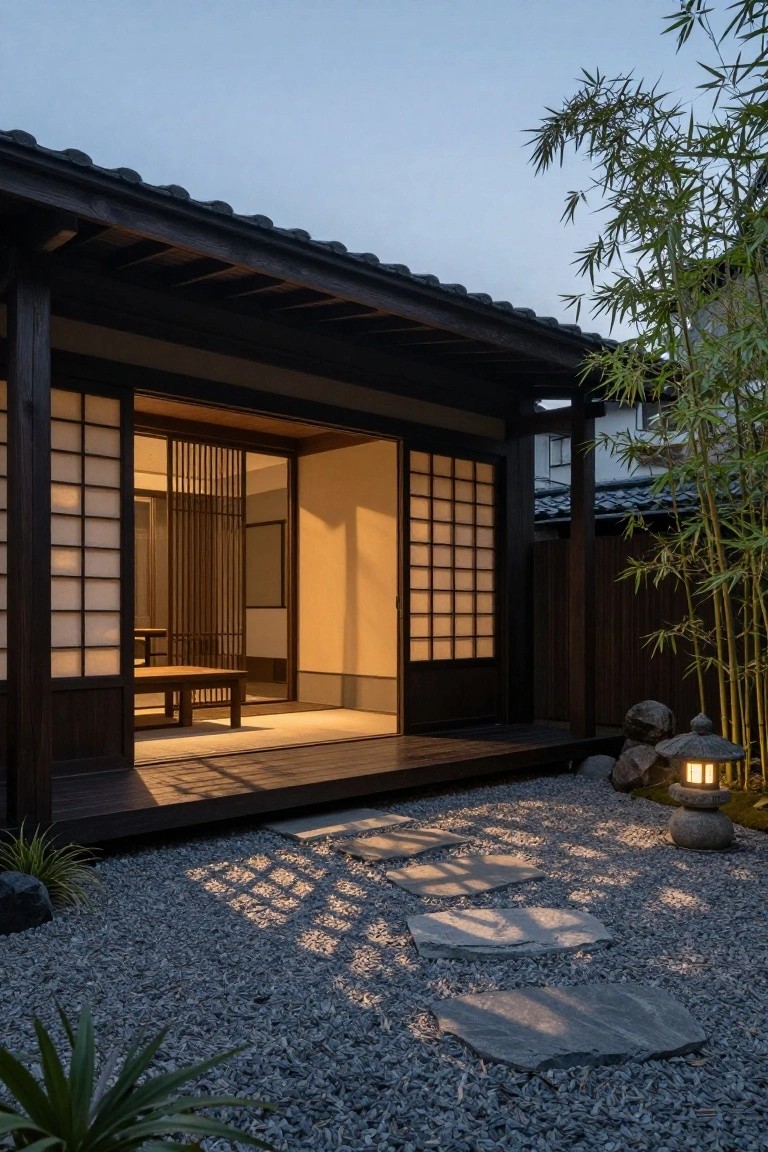 Traditional Japanese-style wooden house exterior at dusk with open shoji screen doors, engawa veranda overlooking gravel yard, stepping stones, bamboo plants, rocks, and lit stone lantern.