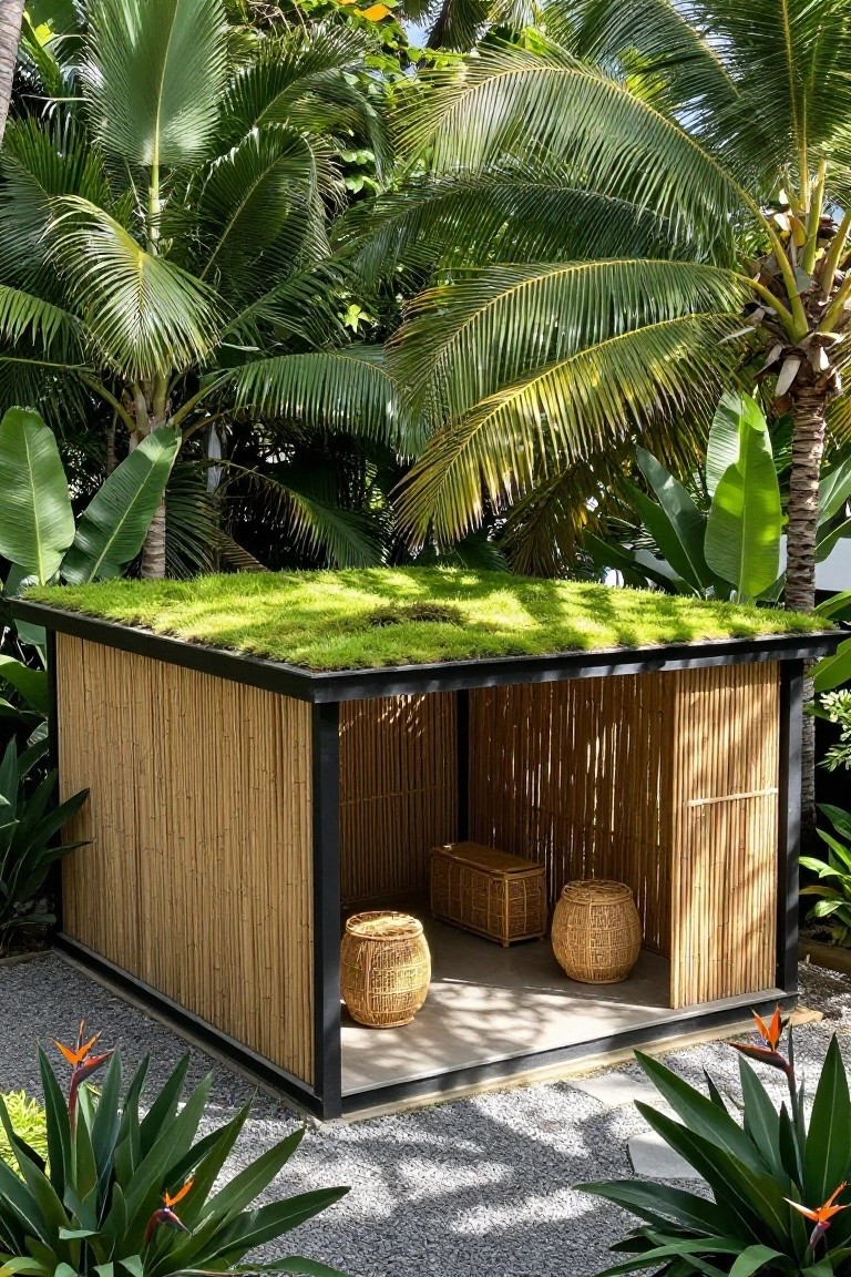 Small square pavilion with flat green sedum roof, vertical bamboo slat walls, black metal frame, open front containing two wicker benches, set on gravel amid tropical plants and palm trees.