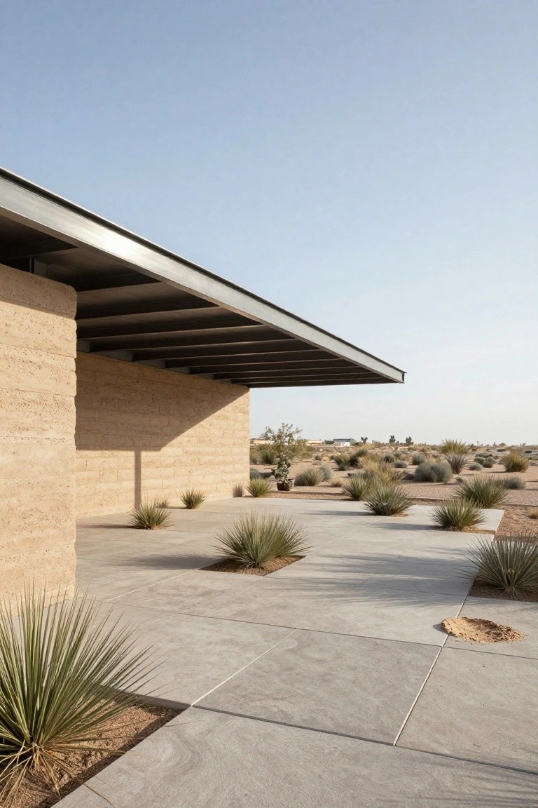 Beige rammed earth wall of a modern house with black steel-framed overhanging flat roof sheltering a concrete paver carport area, edged by yucca plants and desert gravel under blue sky.