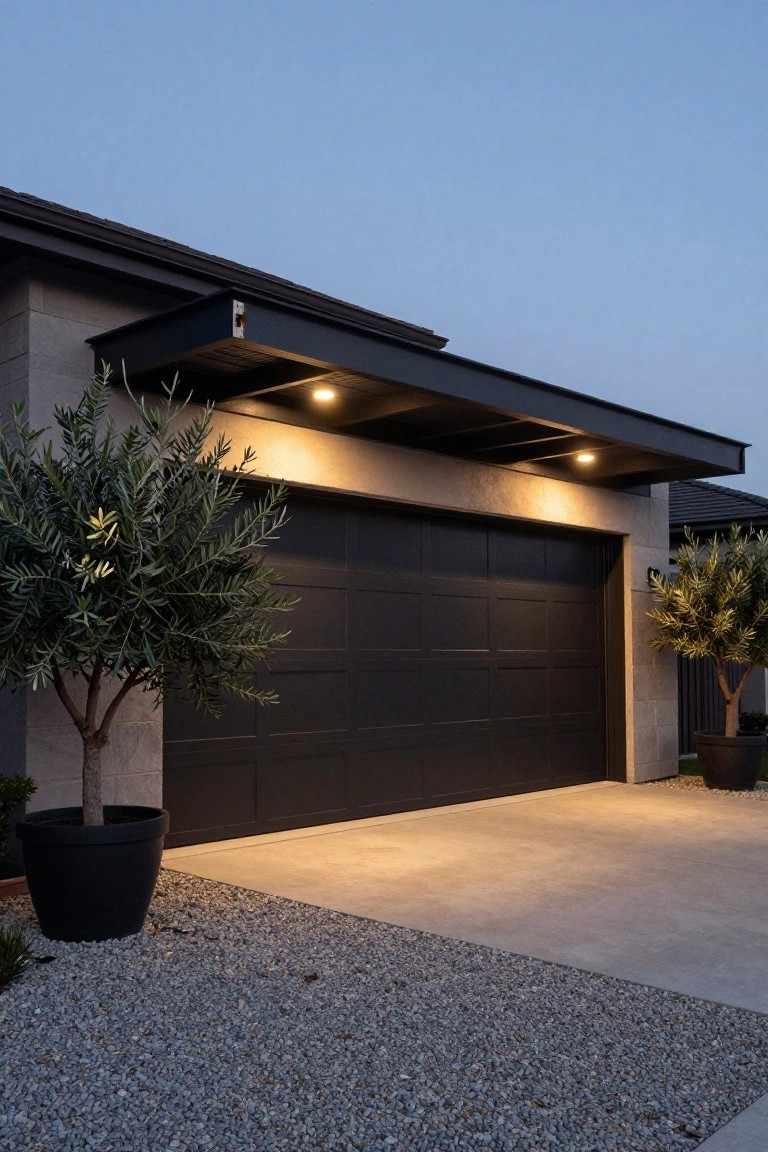 Modern garage door in black under a projecting dark roof overhang with recessed warm lights, flanked by two potted olive trees on a concrete and gravel driveway area at dusk.