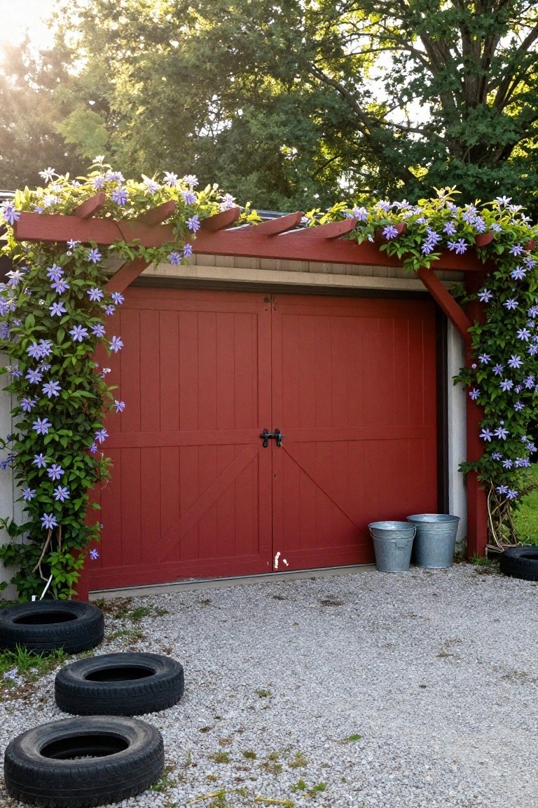 Red wooden garage door under a pergola structure covered in purple flowering vines, with gravel driveway, stacked tires, and metal buckets nearby.