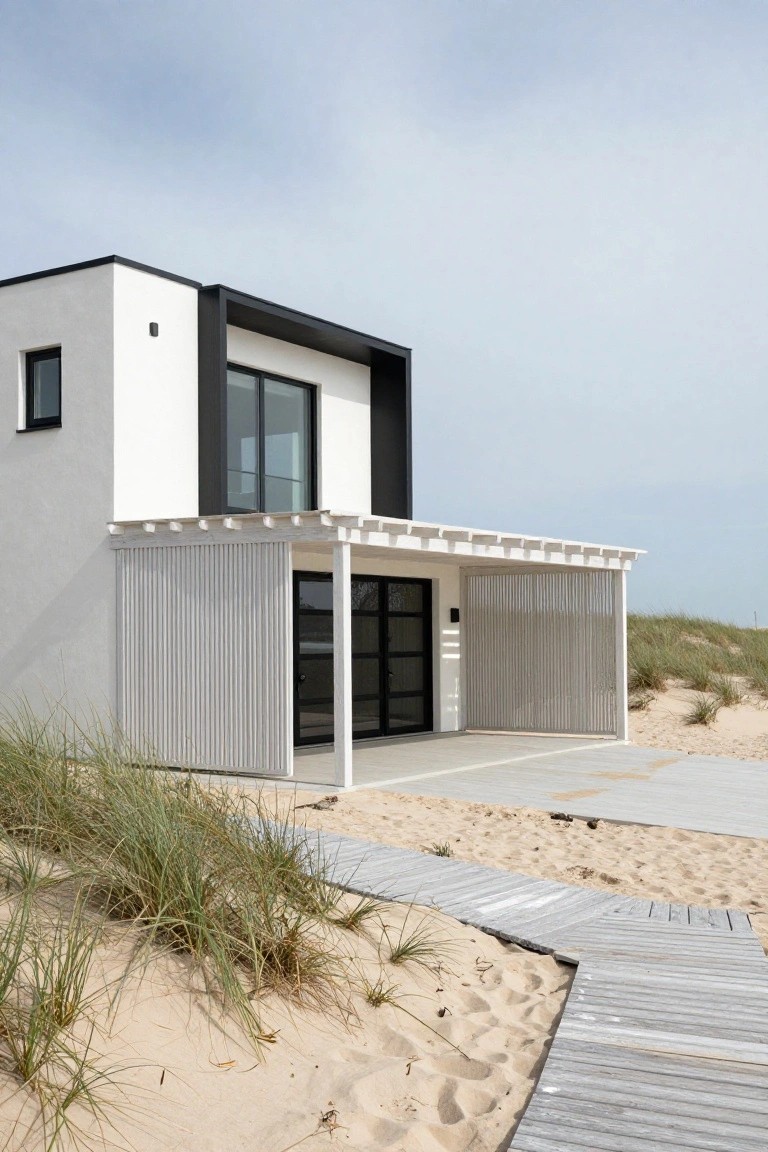 White modern beach house with black-framed garage door under a white slatted pergola, sand dunes, and wooden boardwalk path nearby.
