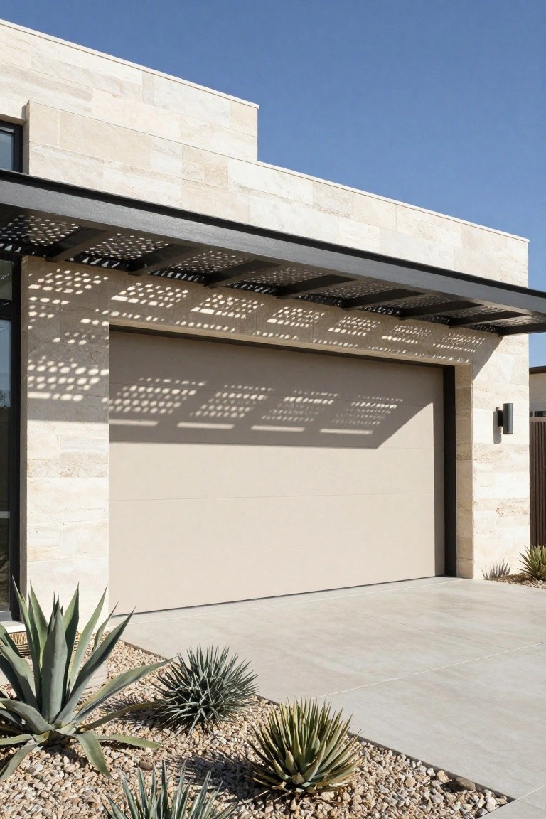 Beige garage door under black perforated metal pergola on tan stone house exterior with agave plants and gravel driveway.