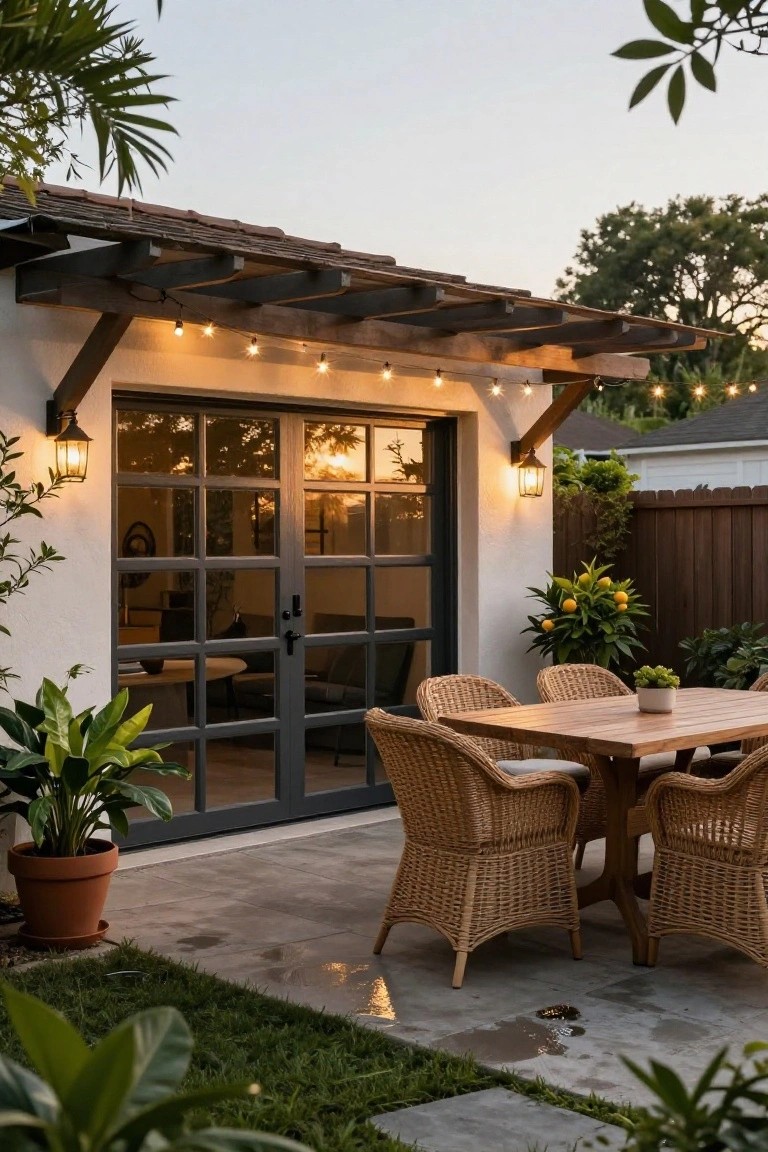 Gray-framed glass garage doors under a wooden pergola with dangling string lights, flanked by wall lanterns, with wicker dining chairs around a wood table on a paver patio amid potted plants, palm trees, and grass at dusk.