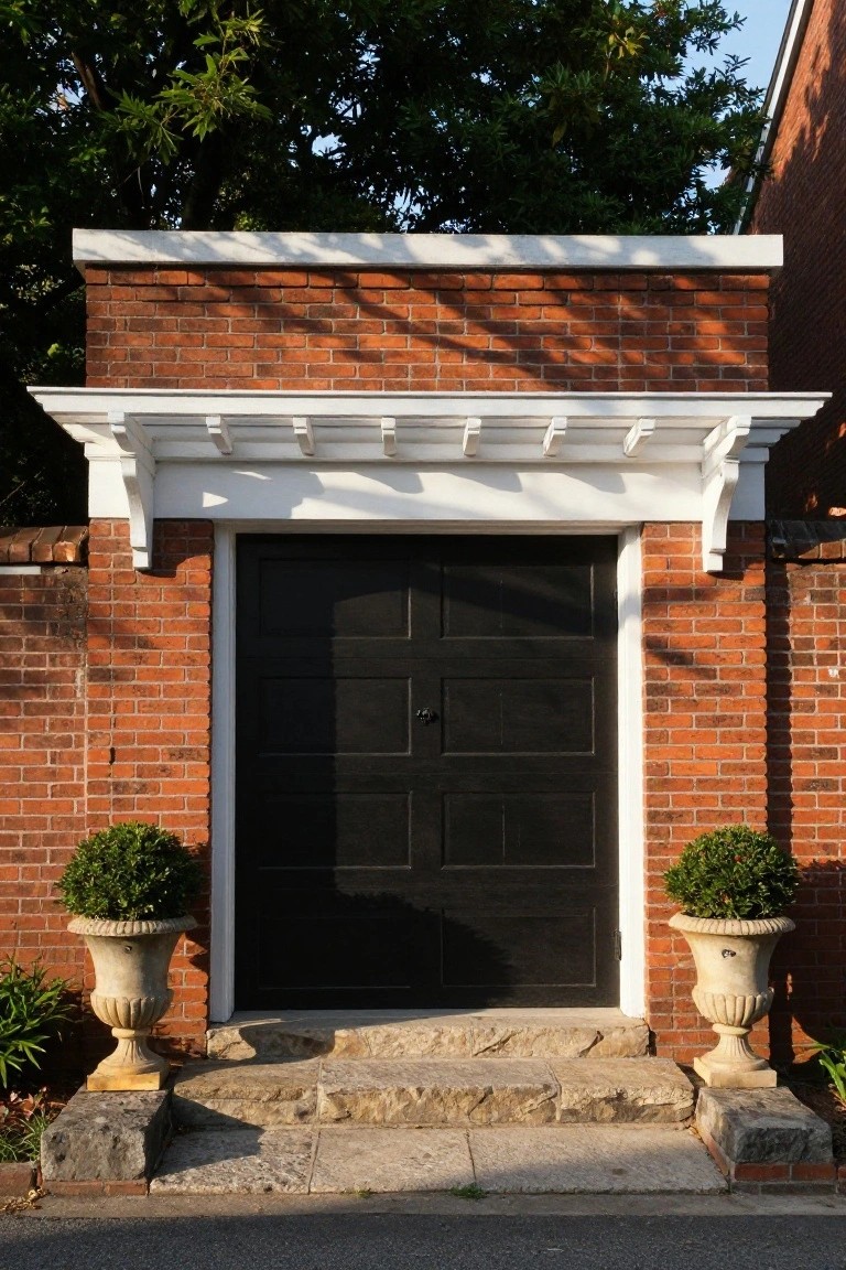 Red brick garage wall with centered black double door under white wooden pergola overhang, flanked by matching urn planters with clipped green shrubs and stone steps.