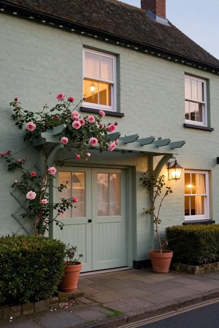 Mint green brick house exterior at dusk with a wooden pergola covered in pink climbing roses over the double front doors, flanked by potted plants and hedges, and lit by wall lanterns.