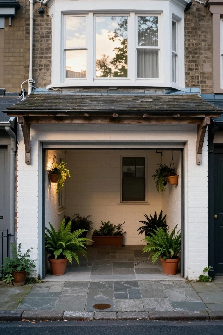 White brick terraced house with open garage door flanked by large potted ferns, hanging plants from the beams, and a slate tile floor in front.