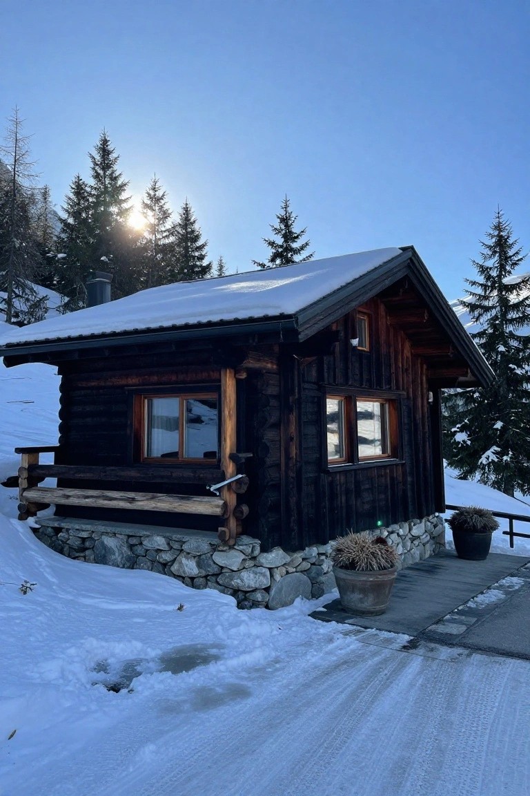 Small dark wood log cabin with pitched snow-covered roof, stone foundation, wooden bench, potted plant, surrounded by pine trees and snow on a sunny day.