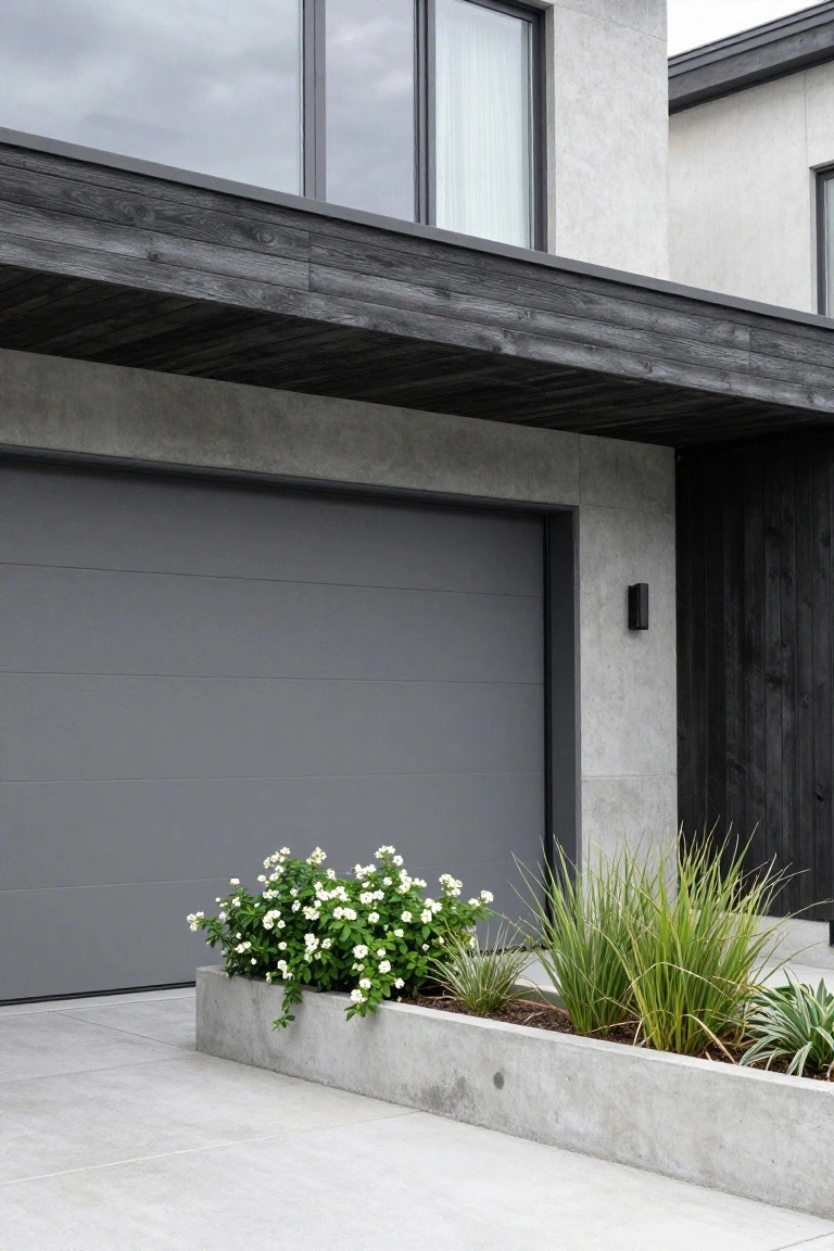 Gray sectional garage door under a projecting black wood beam overhang on a modern concrete and wood house exterior, with white flowering shrubs and ornamental grasses in an adjacent concrete planter box.