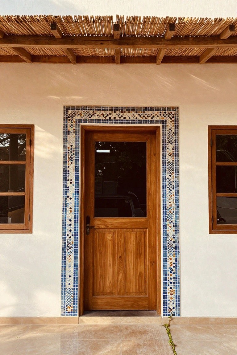 White stucco wall with wooden paneled door framed in blue mosaic tiles under thatched pergola overhang, wooden-shuttered windows on each side, tiled patio floor in front.