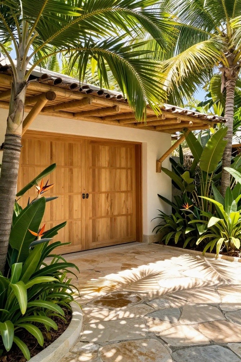 Wooden double garage doors beneath an open bamboo pole and thatched pergola roof, flanked by tropical plants including palms and heliconias on a stone walkway.