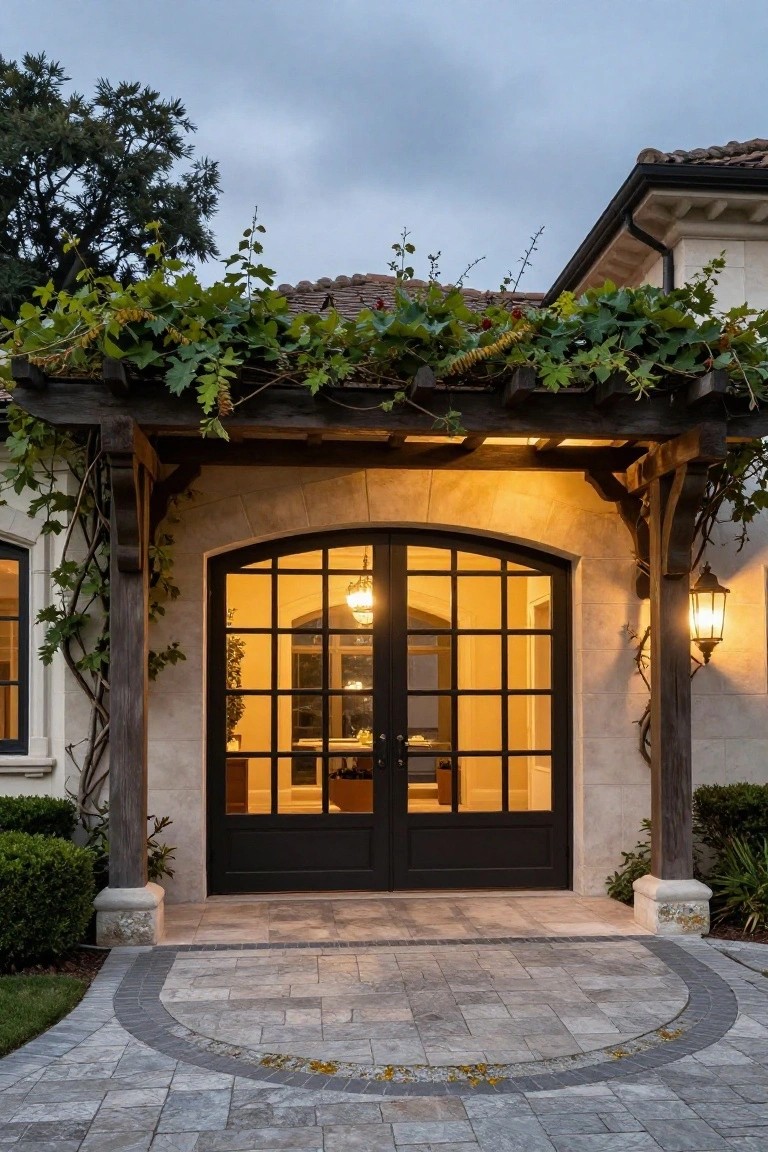 Beige stucco garage entry with black arched double doors under wooden pergola draped in green climbing vines, stone pathway, wall lanterns, and potted plants.