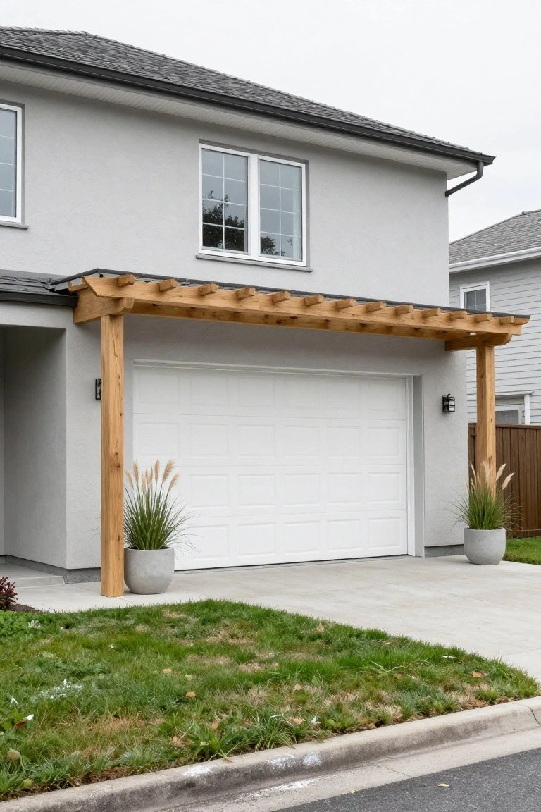 Gray modern house with white garage door under wooden beam pergola supported by posts, flanked by two large potted grasses on concrete driveway.