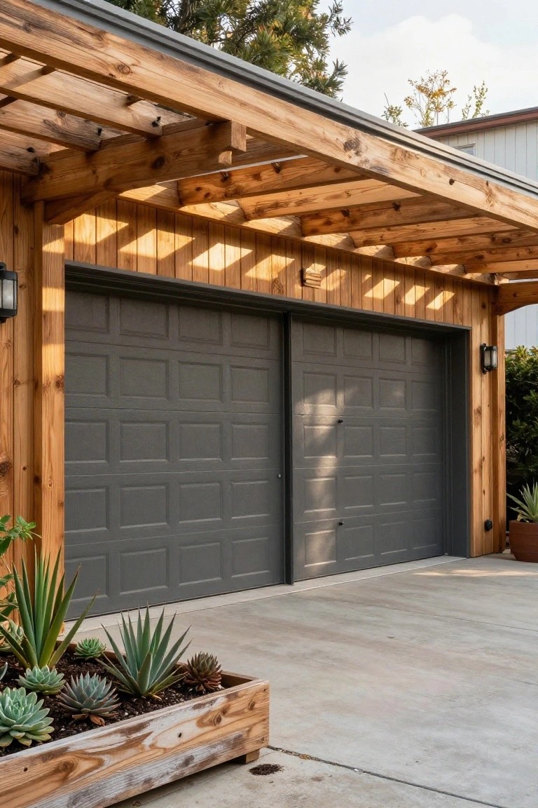 Gray paneled double garage door under a slatted wooden pergola with exposed beams, wall-mounted lanterns on side posts, and wooden planters with succulents along the concrete driveway.