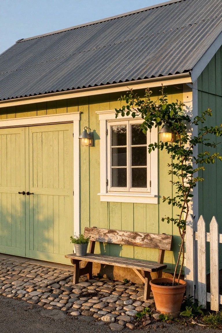 Light green wooden garage with double doors, white-trimmed window, wall lanterns, rustic bench, potted plant on gravel path beside white picket fence