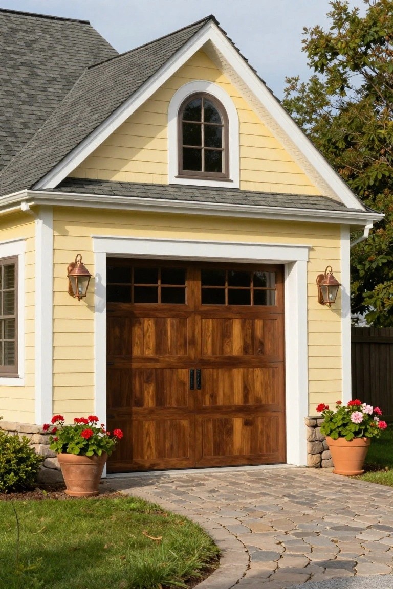 Pale yellow detached garage with dark wood double door, white trim, wall lanterns, and potted red geraniums beside a curving stone path