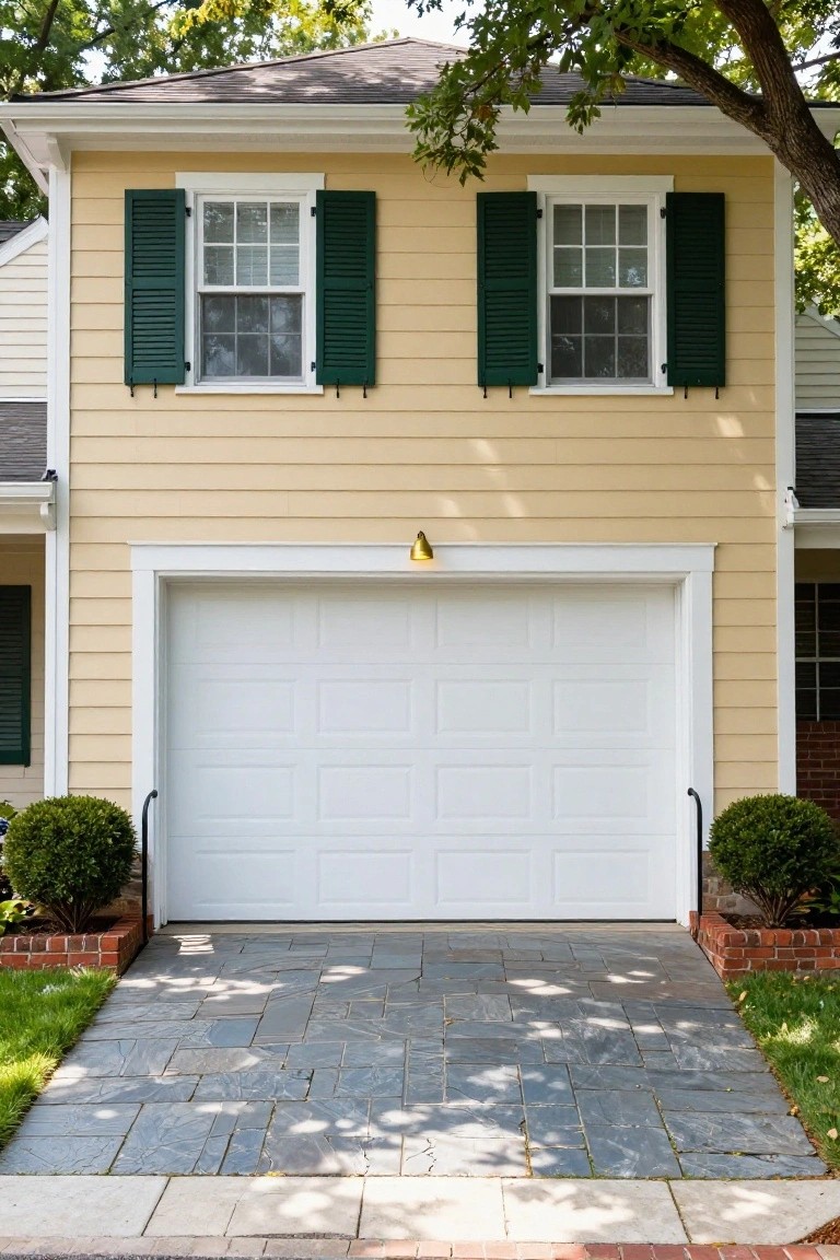 Pale yellow house exterior with white garage door, green shutters, and brick accents on a sunny driveway