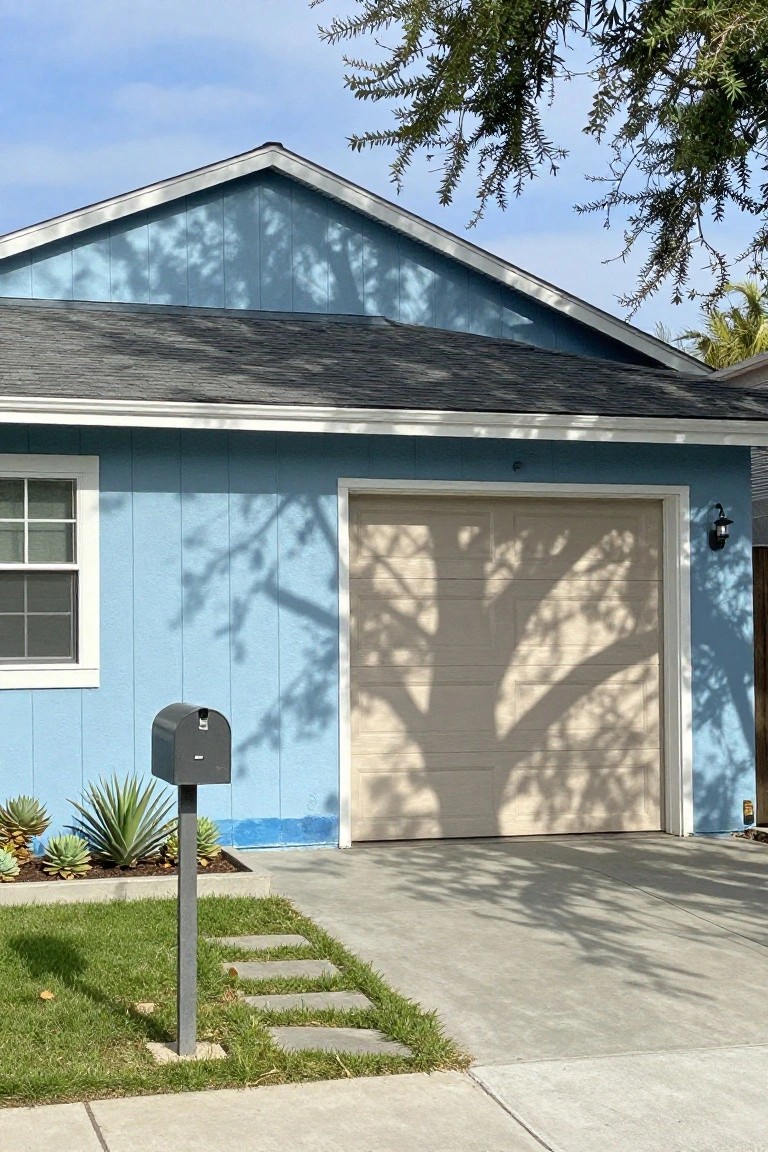Pale blue house siding with open beige garage door, neutral landscaping, and clear sky.