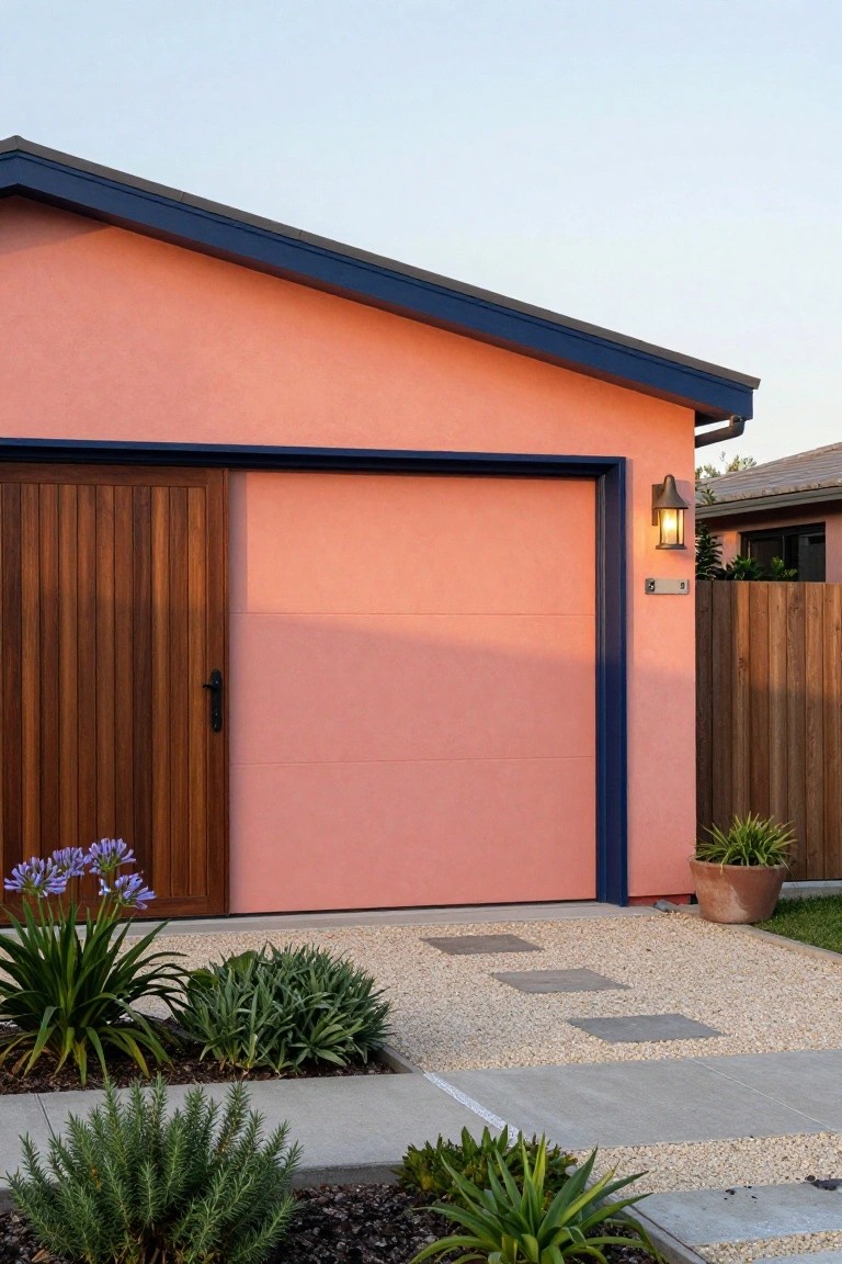 Soft coral pink garage wall with wooden door, blue trim accents, and potted plants in a driveway setting