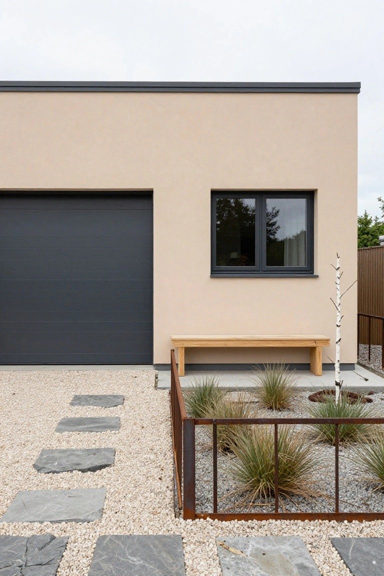 Garage exterior with soft greige walls, dark gray door, and gravel path with stepping stones
