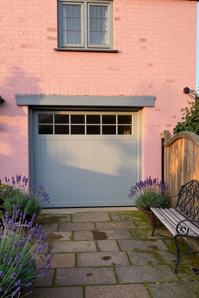 Soft pink wall above a light gray garage door with window panels, stone pathway leading up, lavender plants on both sides, wooden gate and black metal bench in front yard
