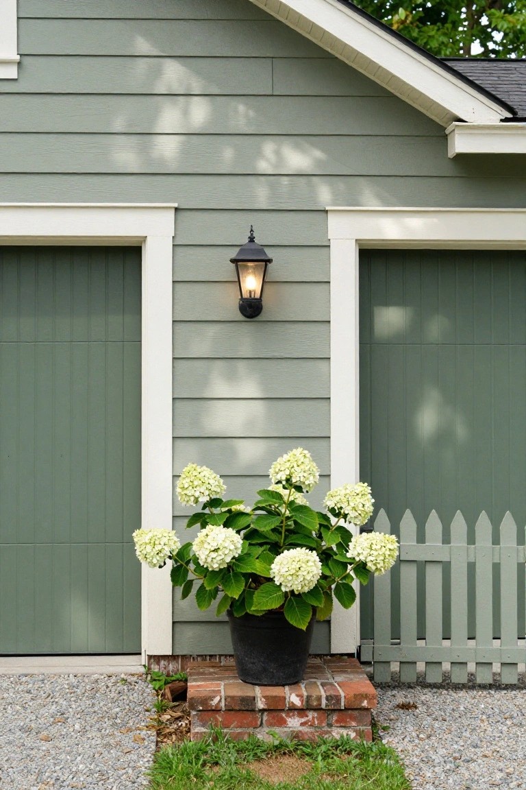 Garage exterior painted soft sage green with matching doors, white trim, black lantern light, brick foundation, and potted white hydrangea on gravel pad