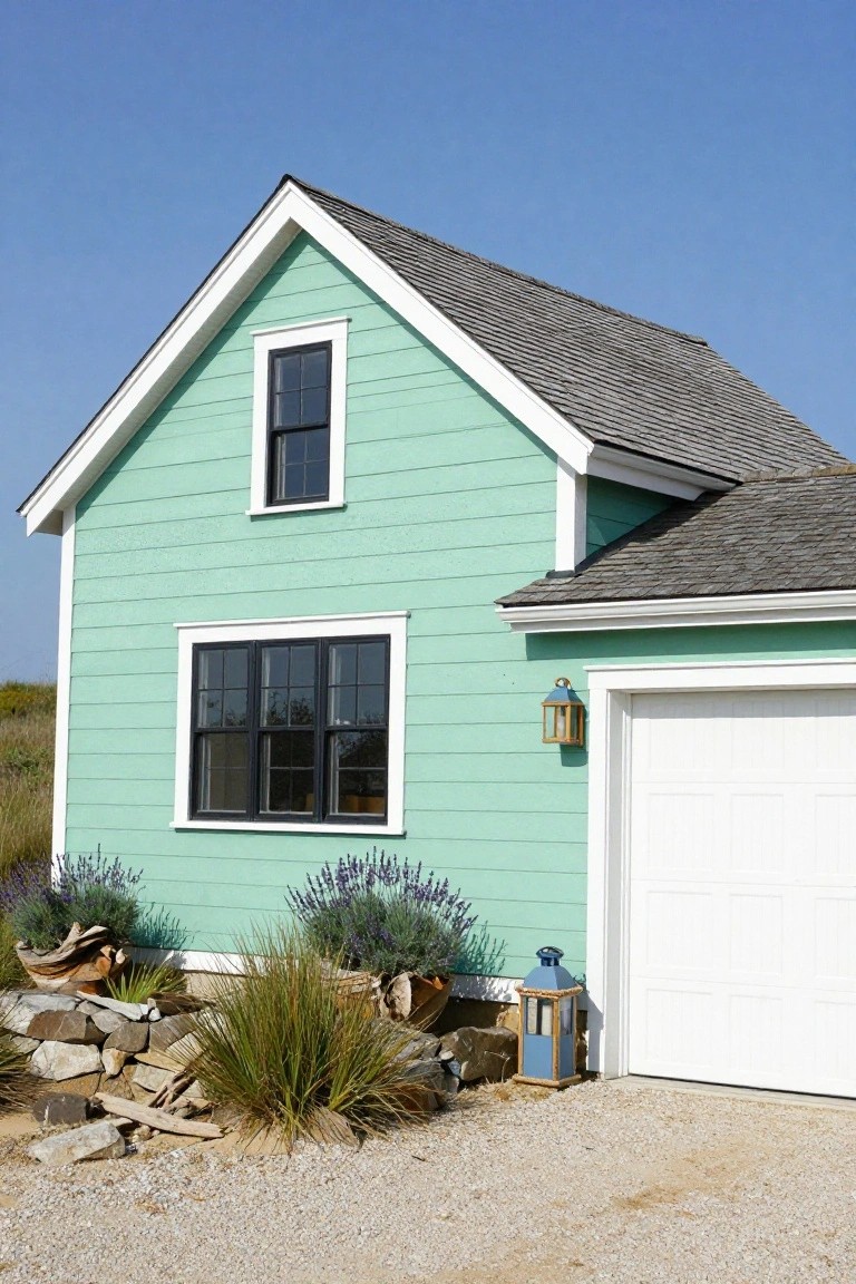 Pale seafoam green garage exterior with white trim, black-framed windows, and simple gravel yard with lavender plants