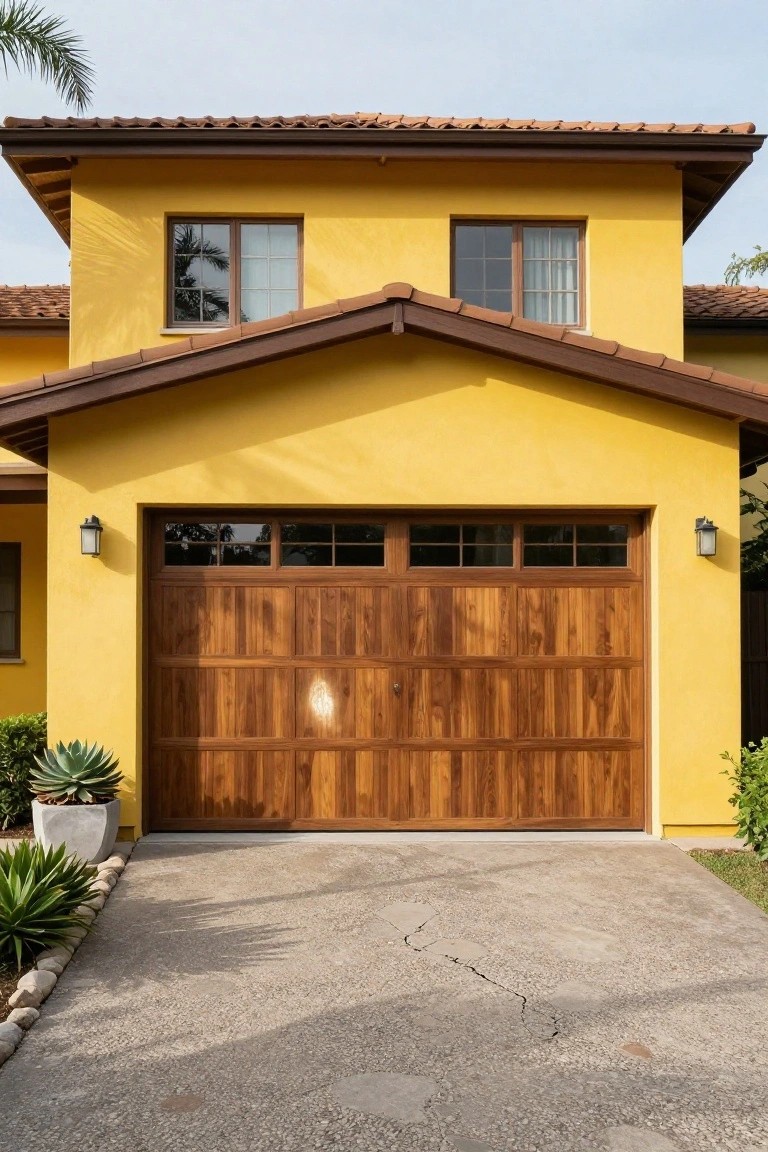 Bright yellow stucco garage walls with wooden door, potted plants, and palm trees nearby