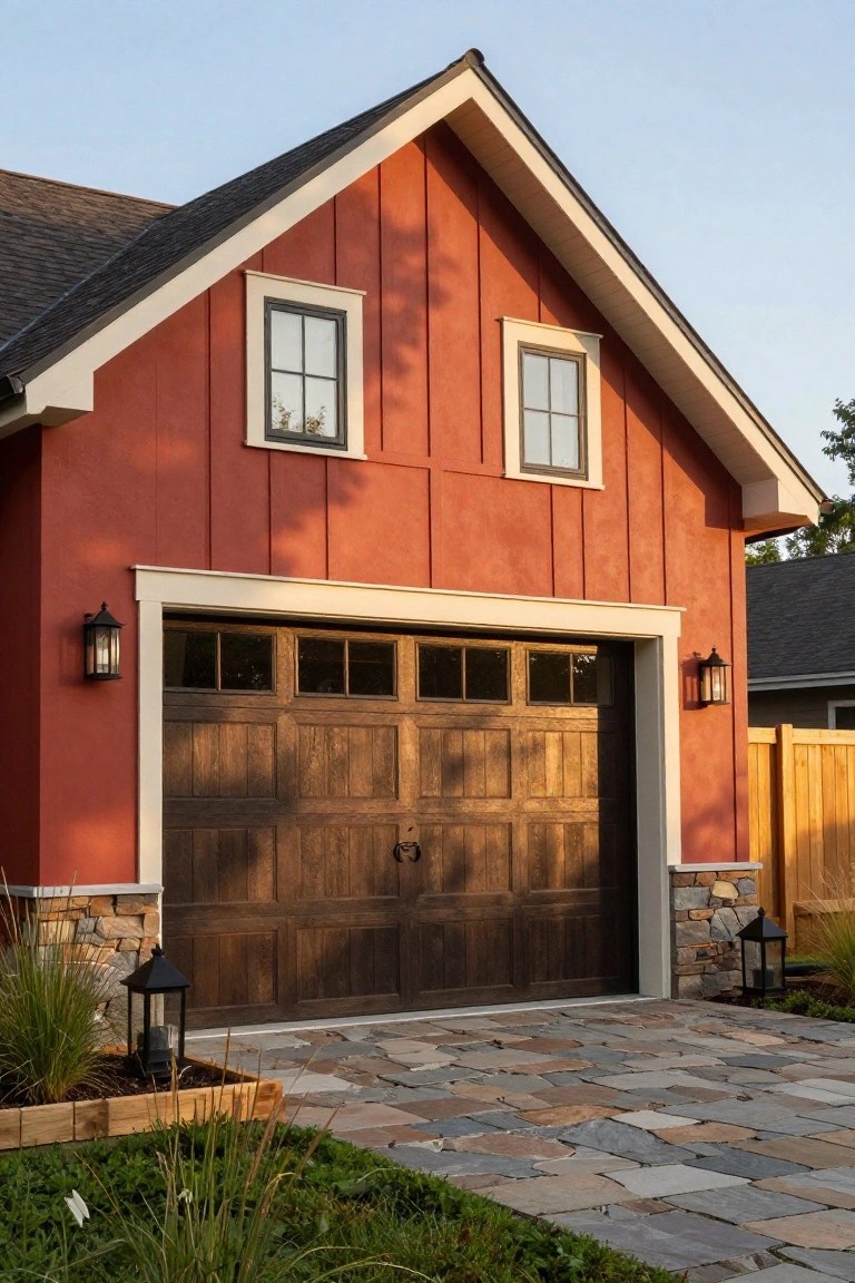 Red barn-style garage exterior with wooden garage door, stone base, and lantern lights on a stone walkway
