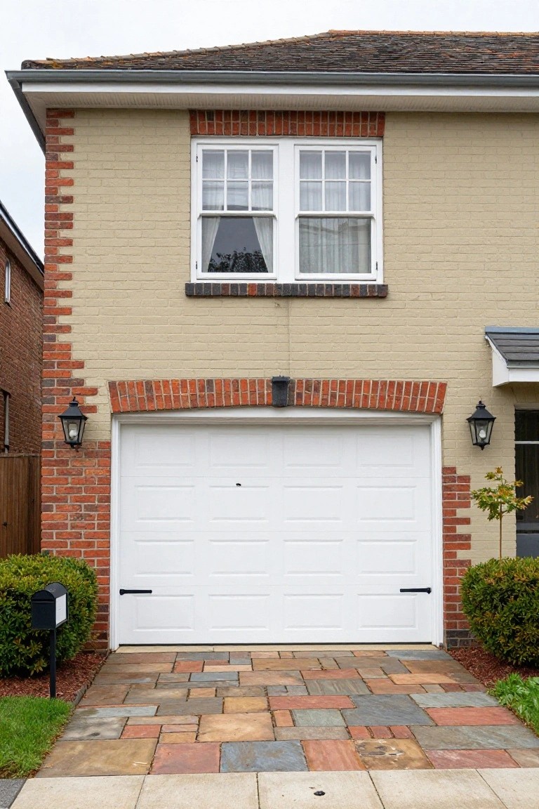 Warm beige house siding beside a white garage door and brick accents on a paved driveway