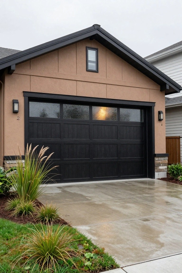 Garage exterior with warm beige walls framing a black door and stone details