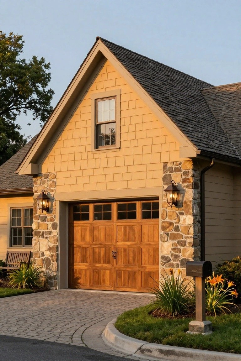 Warm beige painted garage with wood door and stone accents on a sunny day