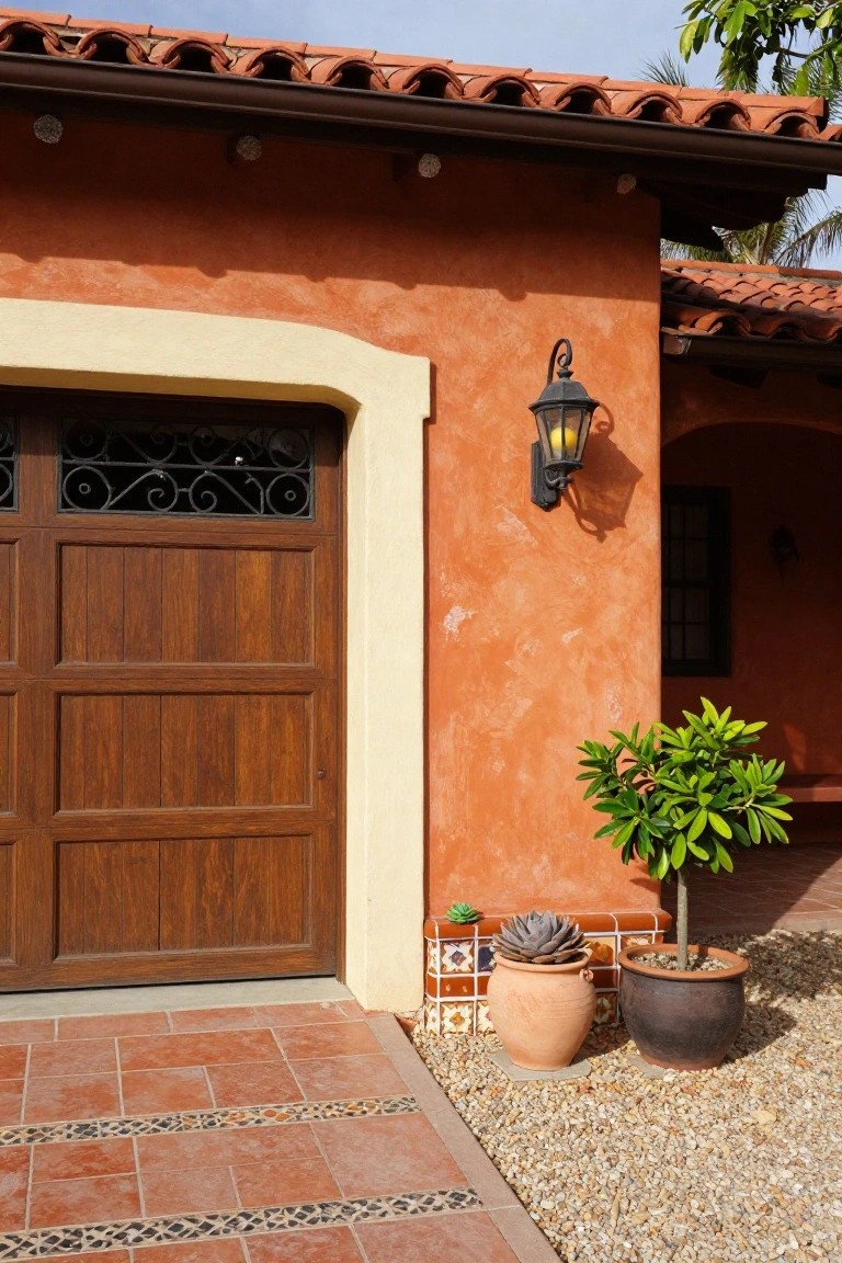 Warm terracotta stucco walls framing a wooden garage door, with potted plants and gravel path