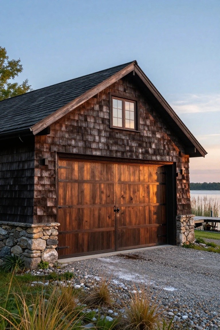 A Shingled Garage with Walnut Doors